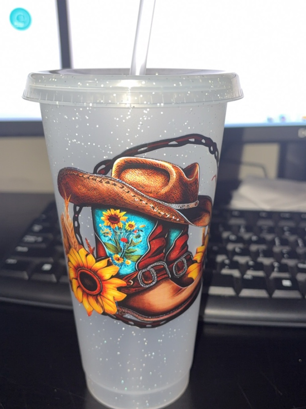 Cowboy Hat & Sunflower Glitter Travel Cup